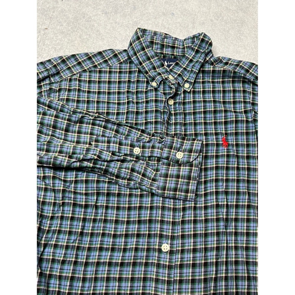 Ralph Lauren Boys Blue Green Plaid Button Down Shirt Size L‎ 16/18 Long Sleeve